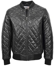 Mens Real Leather Bomber Jacket Quilted Varsity Style Warren Black (S)