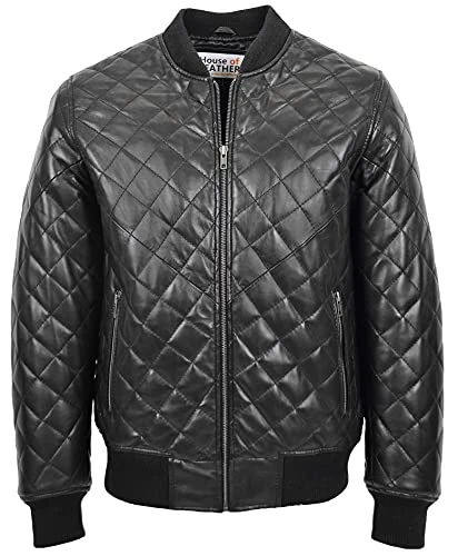 Mens Real Leather Bomber Jacket Quilted Varsity Style Warren Black (S)