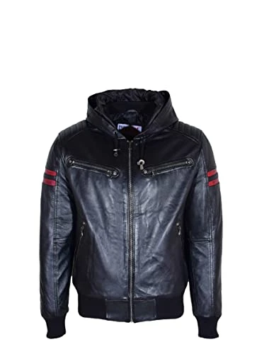 Mens Real Leather Bomber Zip Quilted Jacket Hooded Style RAMMY Black Size S M L XL XXL XXXL (as8, alpha, s, regular, regular)