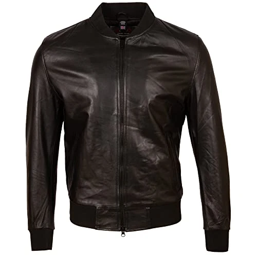 Men's Real Leather Fashion Bomber Jacket (D9J9) XL Black