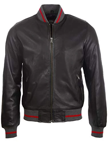 Men's Real Leather Fashion Bomber Jacket (I9TP) L Black