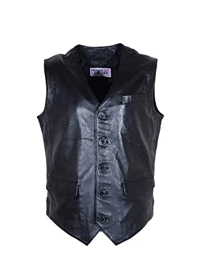 Mens Real Leather Gilet Classic Vest Button Fastening Waistcoat SAM Black Sizes S M L XL XXL XXXL (as8, alpha, m, regular, regular)