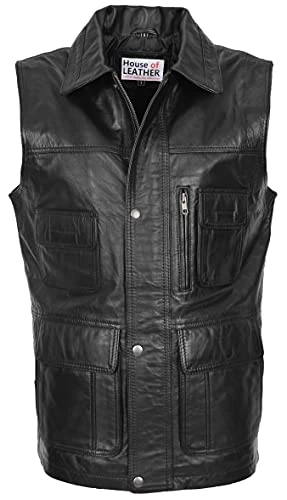 Mens Real Leather Gilet Vest Multi Purpose Waistcoat Roger Black (3XL)