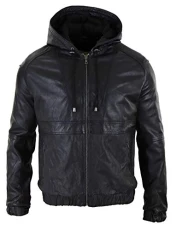 Mens Real Leather Hood Bomber Jacket Tan Brown Black Zipped Tailored Fit Casual - Black 5XL Mens Real Leather Hood Bomber Jacket Tan Brown Black Zipped Tailored Fit Casual - Black 5XL