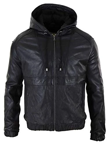 Mens Real Leather Hood Bomber Jacket Tan Brown Black Zipped Tailored Fit Casual - Black 5XL