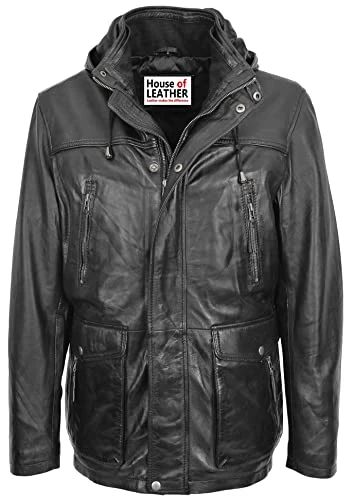 Mens Real Leather Parka Classic Detachable Hoodie Coat Logan Black (L)