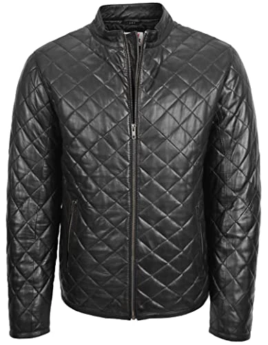 Mens Real Leather Quilted Jacket Cross Stitch Anorak Jeff Black (XL)