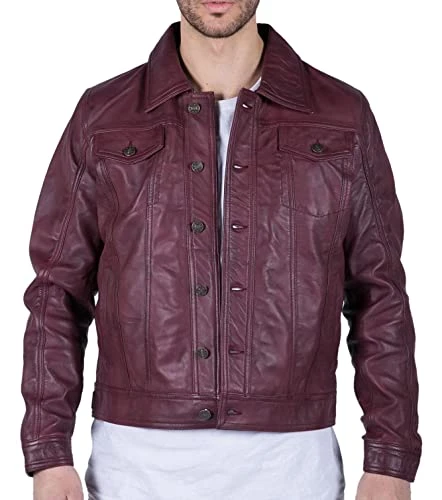 Mens Real Leather Shirt Jacket Burgundy Wine Retro Jeans Style Brando Classic - Burgundy 3XL