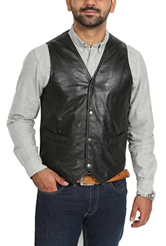Mens Real Leather Traditional Style Classic Waistcoat Gilet Vest Petrelli Black (XL)