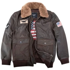 Mens Real Leather US Aviator Air Force Pilot Flying Bomber Jacket Brown Collar - Brown s