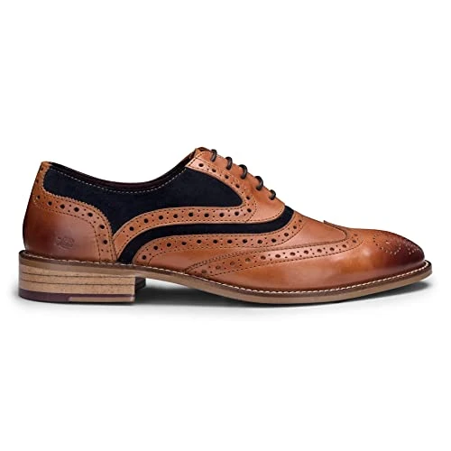 Mens Real Leather Vintage Shoes Brogues 1920s Suede Tweed Laced Shoes Smart Formal - Tan Navy 8