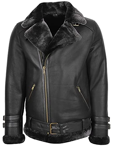 Mens Real Sheepskin Aviator Jacket Cross Zip Flying Style Alvin Black (3XL)