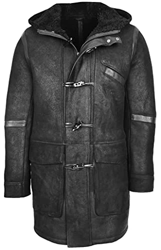 Mens Real Sheepskin Coat 3/4 Length Duffle Shearling Bain Black (M)