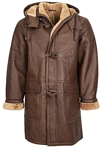 Mens Real Sheepskin Coat 3/4 Length Duffle Shearling Bain Brown Ginger (3XL)