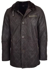 Mens Real Sheepskin Coat Cross Stitch Shearling Anorak Edwin (XL, Brown)