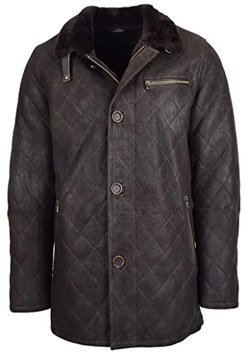 Mens Real Sheepskin Coat Cross Stitch Shearling Anorak Edwin (XL, Brown)