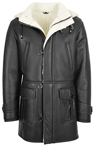 Mens Real Sheepskin Duffle Hooded Coat 3/4 Length Shearling Vincent (XL, Black)