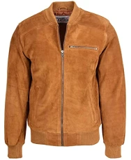 Mens Real Suede Bomber Jacket Baseball Varsity Style Reg (M, Tan)
