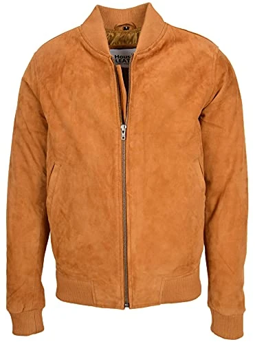 Mens Real Suede Bomber Jacket MA-1 Varsity Style Trevor (L, Tan)