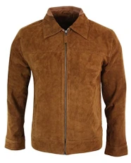 Mens Real Suede Leather Classic Zip Jacket Camel Turn Down Collar Vintage Retro Mens Real Suede Leather Classic Zip Jacket Camel Turn Down Collar Vintage Retro
