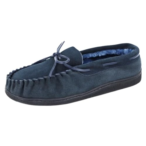 Mens Real Suede Leather Moccasin Slippers Size 7-12 (Navy Navy, Numeric_11)