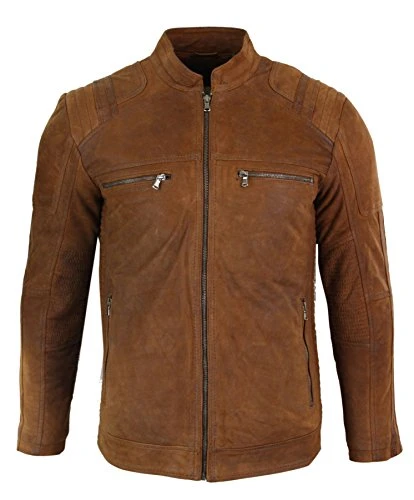 Mens Real Suede Leather Retro Vintage Camel Zip Biker Racing Jacket Washed Nehru Collar