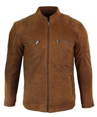 Mens Real Suede Leather Retro Vintage Camel Zip Biker Racing Jacket Washed Nehru Collar