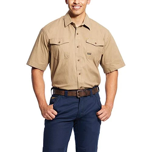 Men's Rebar Short Sleeve Made Tough Work Shirt, Khaki, Large Tall