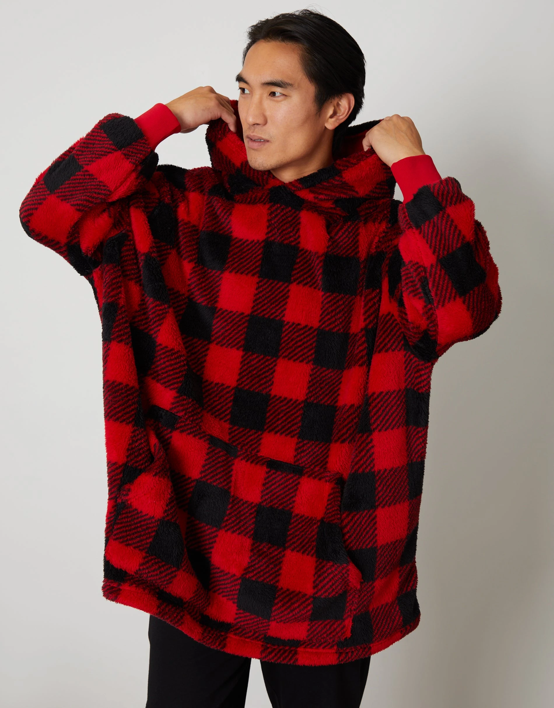 Men's Red Check Borg Oversized Hoodie