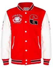 Men's Red Cotton Wool Baseball White PU Leather Sleeved Varsity Letterman Badged Bomber Jacket 2XL Men's Red Cotton Wool Baseball White PU Leather Sleeved Varsity Letterman Badged Bomber Jacket 2XL