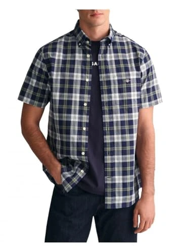 Men's Reg Poplin Check SS Shirt Button, Classic Blue, L