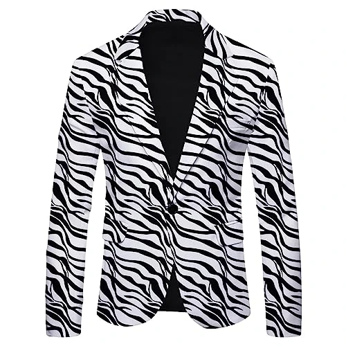 Men's Regular Fit Blazer Long Sleeve Jacket Sporty Zebra Print Suit Jacket One Button Men's Jacket Men's Suit Jackets for Leisure Business Party Wedding Prom Carnival Costume, White, L
