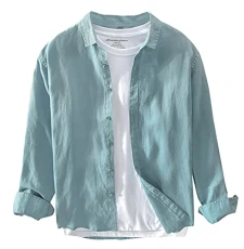 Mens Regular Fit Button Down Long Sleeve Linen Shirt Lake Blue M