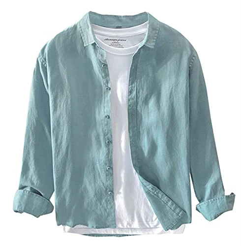 Mens Regular Fit Button Down Long Sleeve Linen Shirt Lake Blue M
