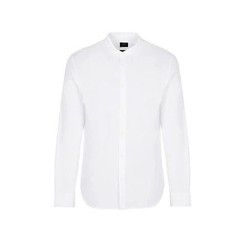 Men's Regular Fit Cotton Poplin Collarless Long Sleeve Button Down Shirt, White, XS