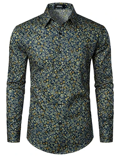 Mens Regular fit Floral Dress Shirt Long Sleeve Printed Casual Button Down Shirts Navy Floral X-Larg