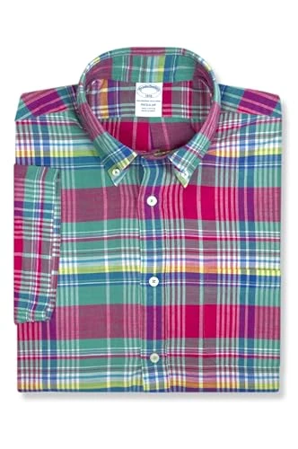 Mens Regular Fit Indian Madras Lightweight Cotton Short Sleeve Plaid Shirt,, 208097 Pink Green Plaid