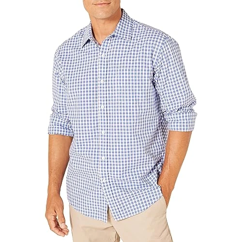 Men's Regular-Fit Long-Sleeve Casual Poplin Shirt, Blue White Checked, M