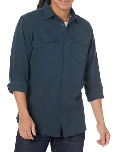 Men's Regular-Fit Long-Sleeve Two-Pocket Flannel Shirt, Washed Navy, L