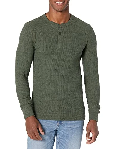 Men's Regular-Fit Long-Sleeve Waffle Henley Shirt, Olive Heather, L