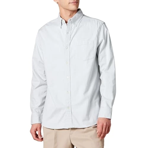 Men's Regular-Fit Long-Sleeved Stretch Oxford Shirt with Pocket (Available in Big & Tall), Light Gre