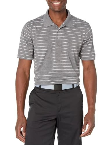 Men's Regular-Fit Quick-Dry Golf Polo Shirt, Medium Grey Heather White Stripes, L