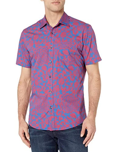 Men's Regular-Fit Short-Sleeve Poplin Shirt, Blue Floral, L