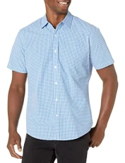 Men's Regular-Fit Short-Sleeve Poplin Shirt, Blue Gingham, XXL