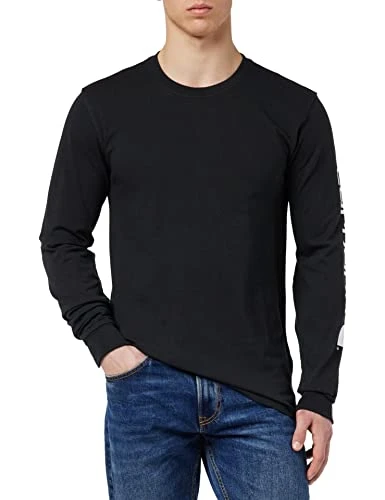 Men's Relaxed Fit Heavyweight Long-Sleeve Logo Sleeve Graphic T-Shirt, Black, XL