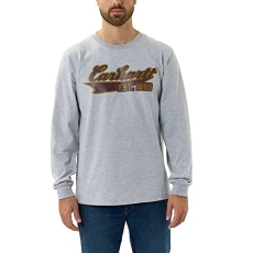 Men's Relaxed Fit Heavyweight Long-Sleeve Script Graphic T-Shirt Work Utility, Heather Grey, XL