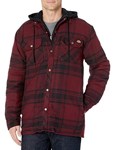 Men's Relaxed fit Hooded Quilted Shirt Jacket, Dark Port/Black Plaid, Large