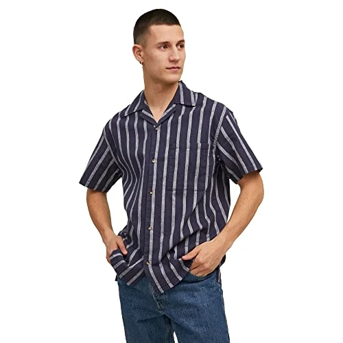 Mens Resort Shirt Button Down Short Sleeve Linen Stripes Casual Top Navy Blazer M