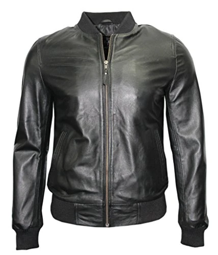 Mens Retro Black Nappa Leather Bomber Slim Fit Casual Varsity Jacket 4XL