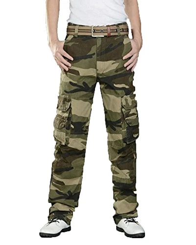 Men's Retro Casual Cargo Trousers Work Wear Military Camouflage Pants with Belt Loose Straight Leg P